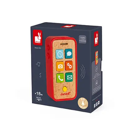 Wooden toy phone with colorful buttons on a Janod packaging box
