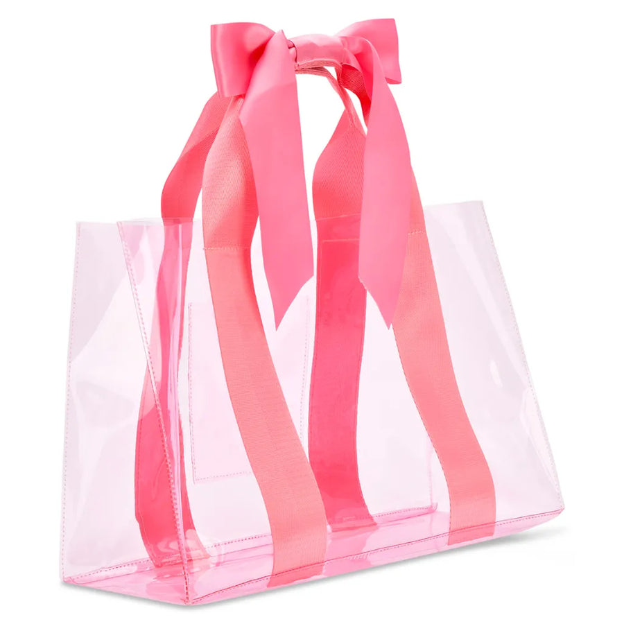 A clear plastic tote bag with a large pink satin ribbon handle tied in a bow, shown on a plain white background.