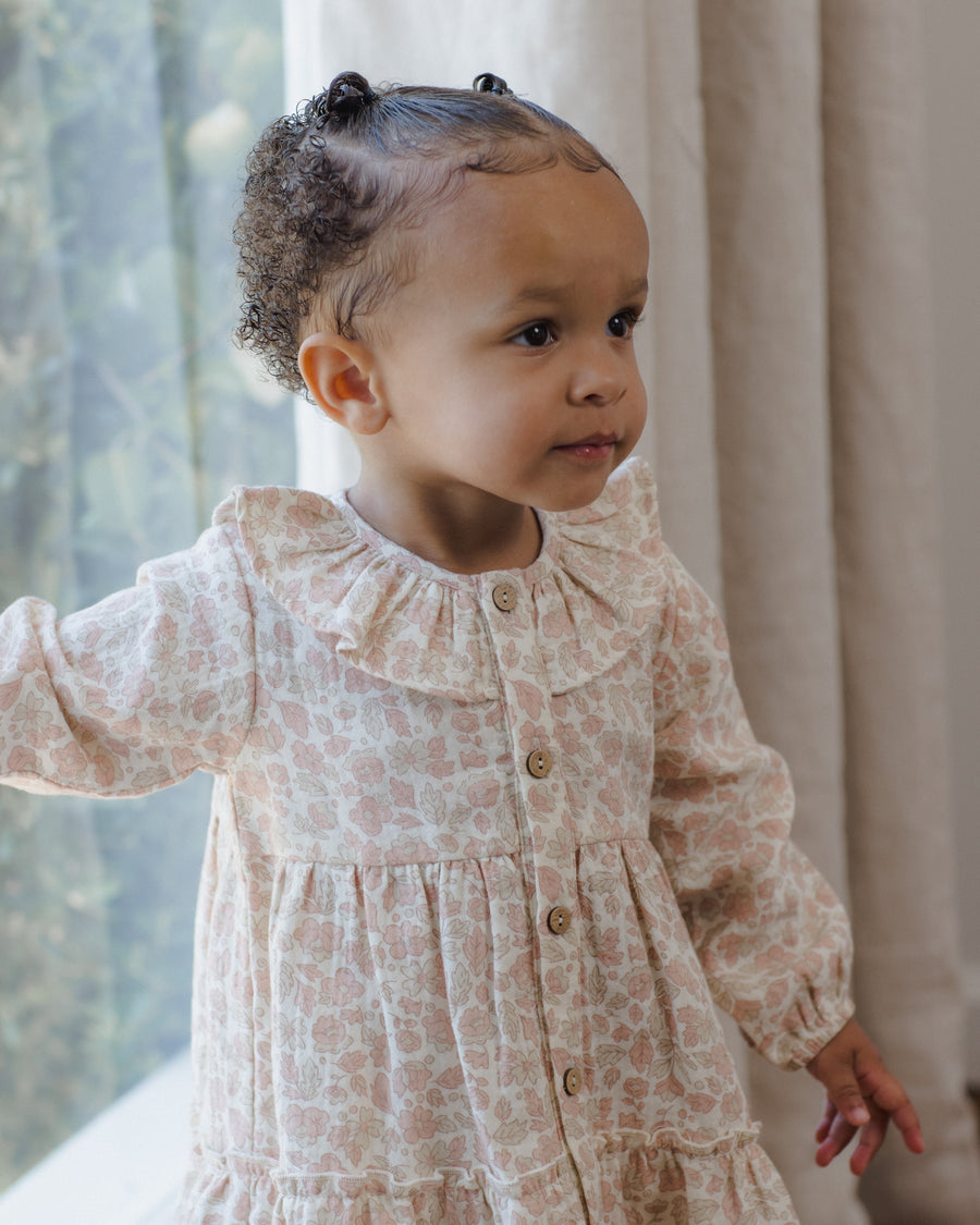 Baby Girl Dresses | Ruffle Collar Button Dress- Pink Blossom