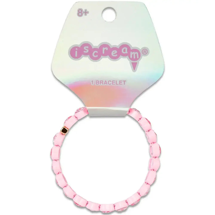 Pink beaded bracelet on a 'iscream' branded card with a white background