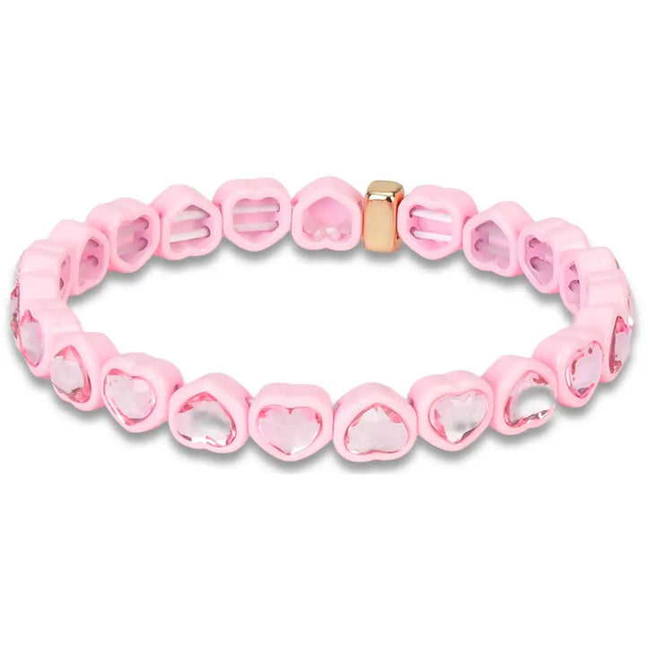 Pink heart-shaped beaded bracelet with a gold clasp on a white background