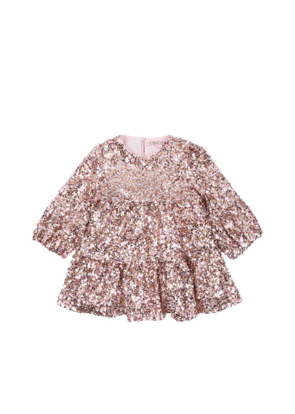 girls dress, pink sequin 3/4 sleeve with zipper down the back. Full sequin dress. slight ruffle and full skirt 
