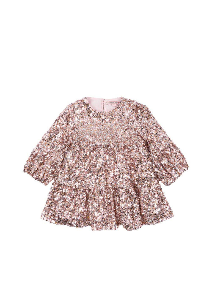 girls dress, pink sequin 3/4 sleeve with zipper down the back. Full sequin dress. slight ruffle and full skirt 