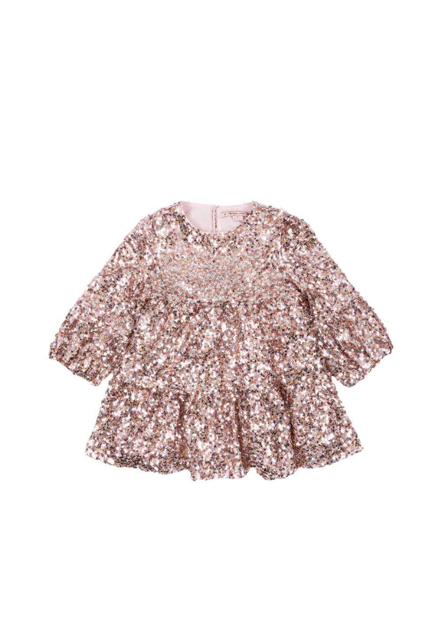 girls dress, pink sequin 3/4 sleeve with zipper down the back. Full sequin dress. slight ruffle and full skirt 