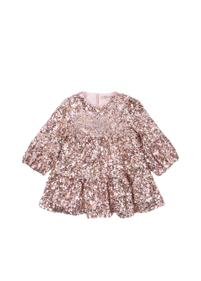 girls dress, pink sequin 3/4 sleeve with zipper down the back. Full sequin dress. slight ruffle and full skirt 