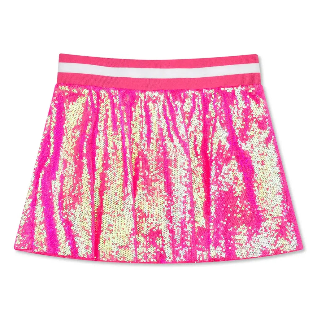 A pink and white sequined athletic skirt with a solid pink waistband featuring a white stripe.