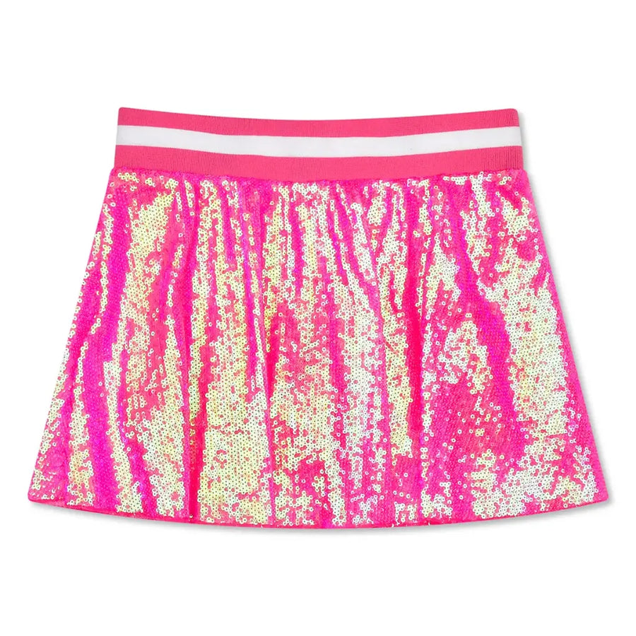 A pink and white sequined athletic skirt with a solid pink waistband featuring a white stripe.