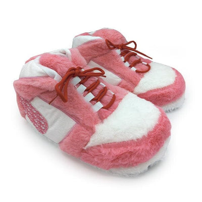 pink and white furry sneaker slippers that look like basketball shoes 