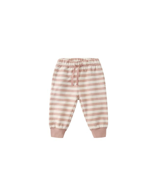 Pink and white striped baby pants on a white background