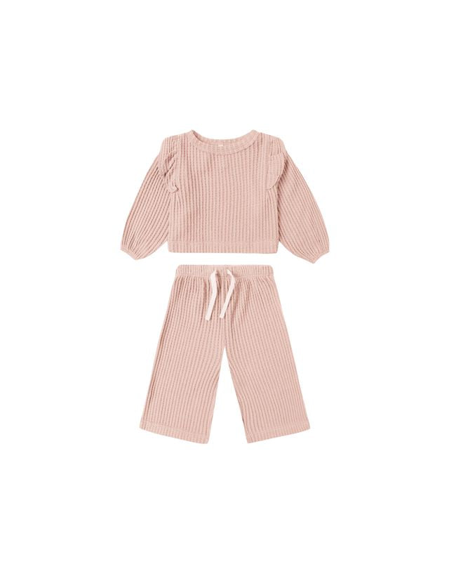 Pink ribbed  set, long sleeve sweatshirt and wide leg pants 