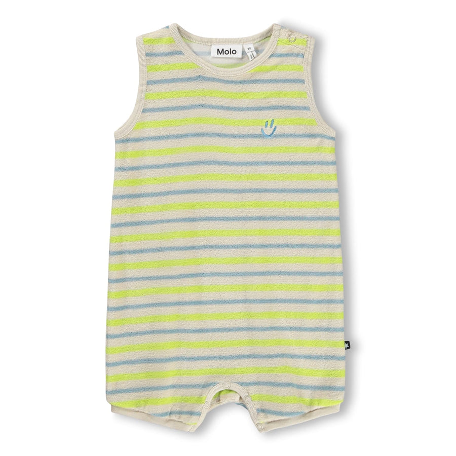 Striped baby romper with smiley face design on a white background
