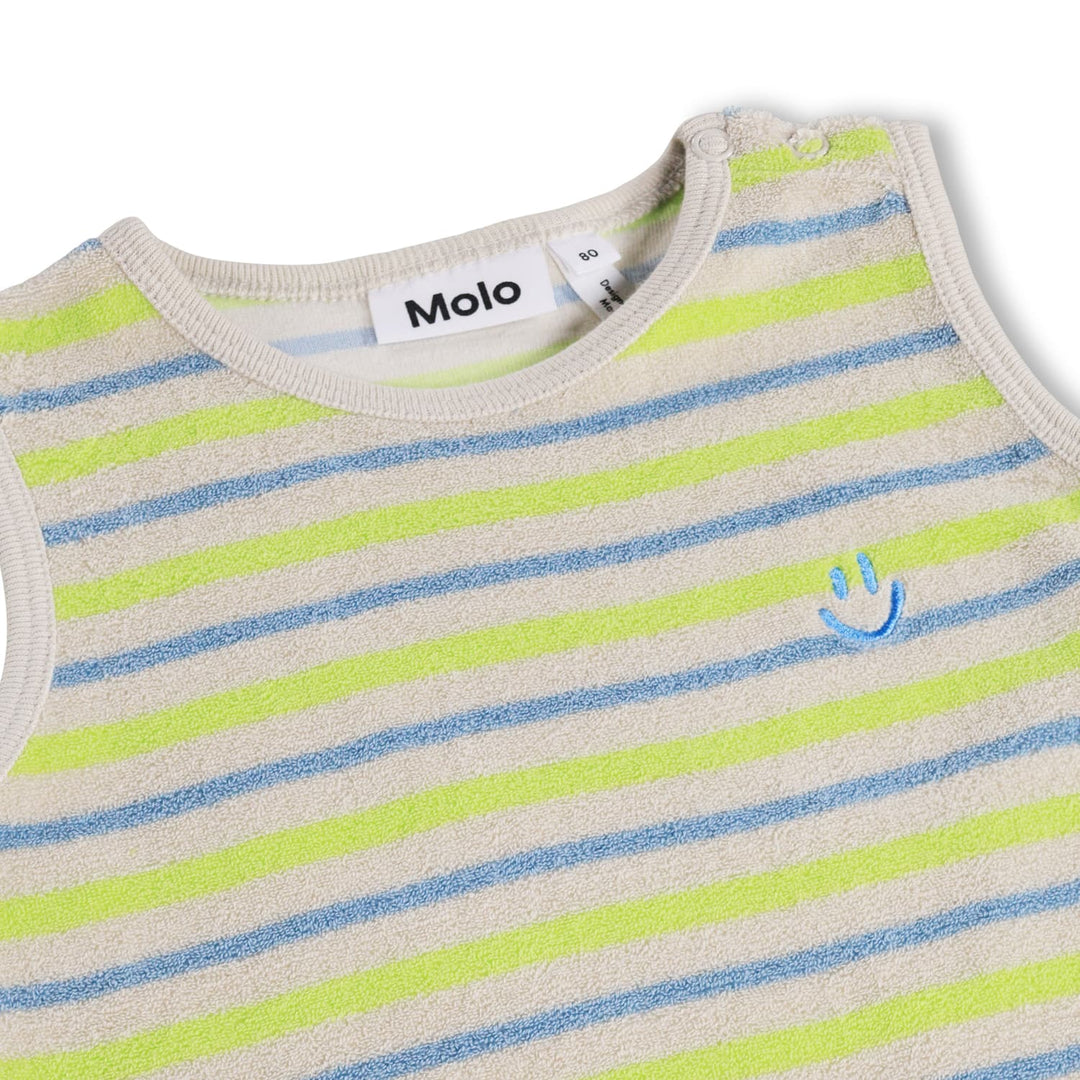 Striped baby outfit with Molo label and blue hand print on a white background