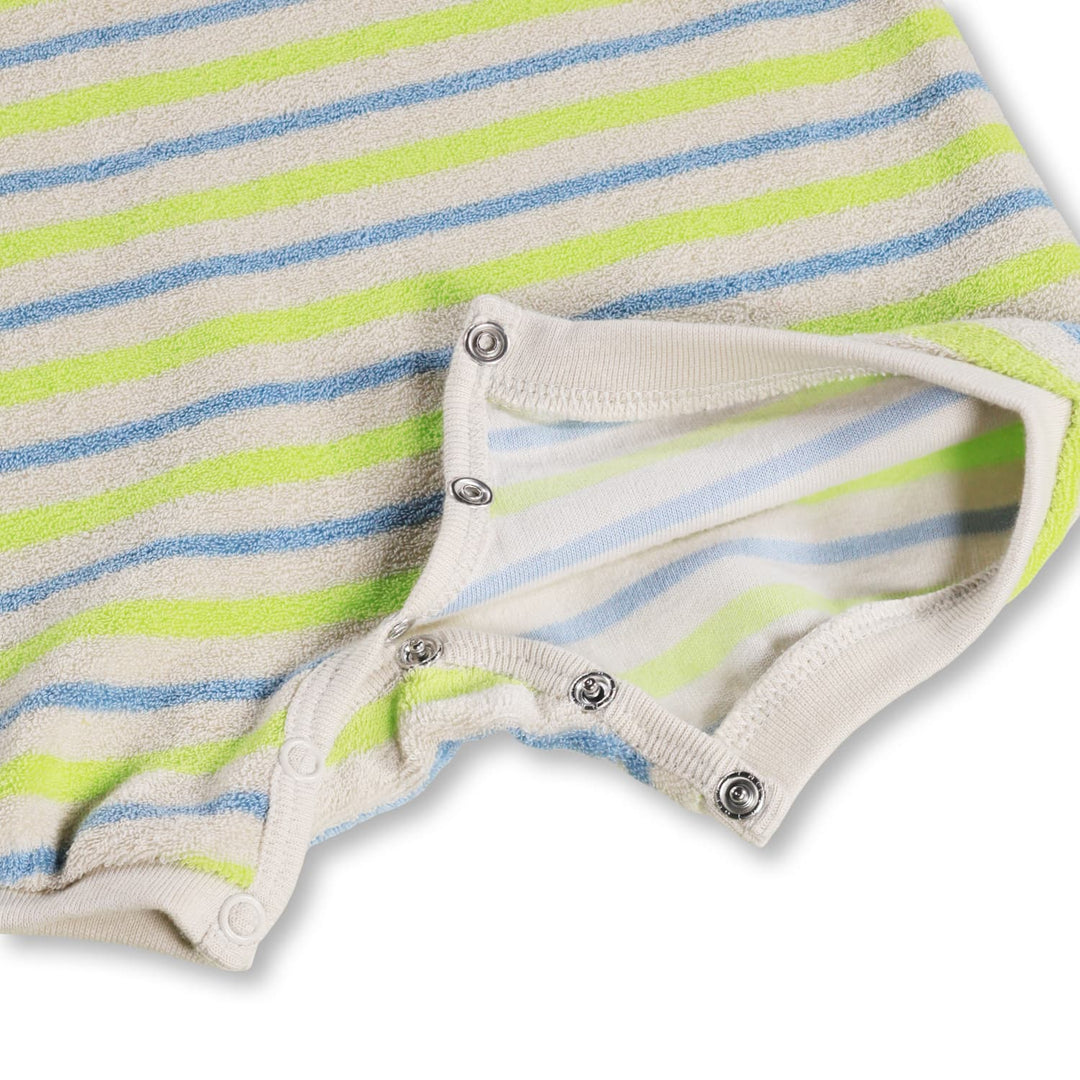 Close-up of a baby romper with green and blue stripes on a white background