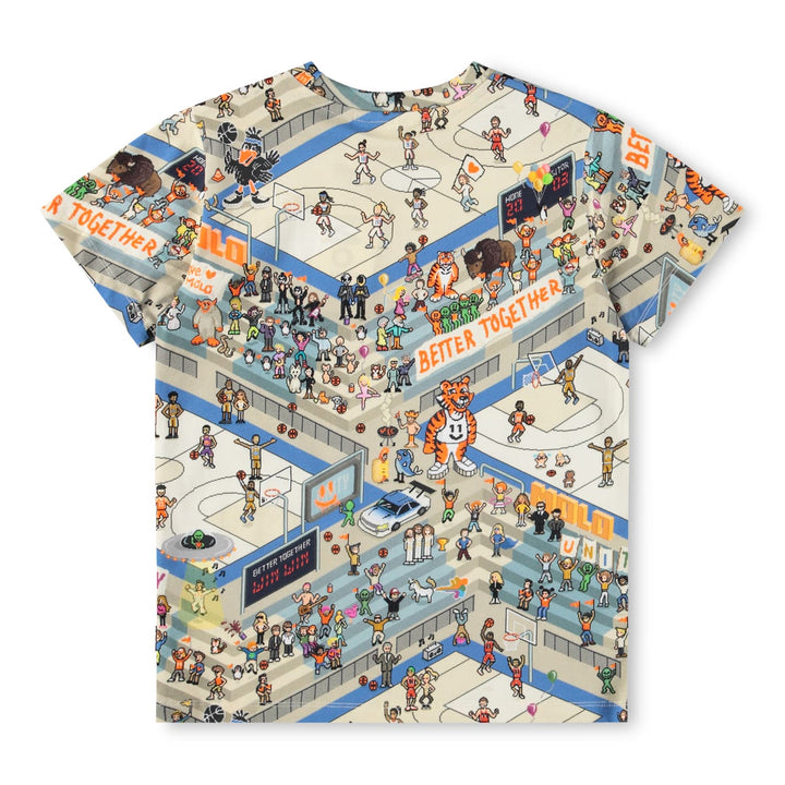 T-shirt with a colorful graphic design of a basketball game and characters on a white background