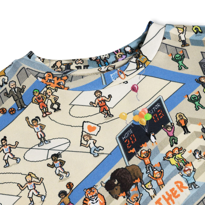 Fabric with sports-themed cartoon characters and elements on a white background