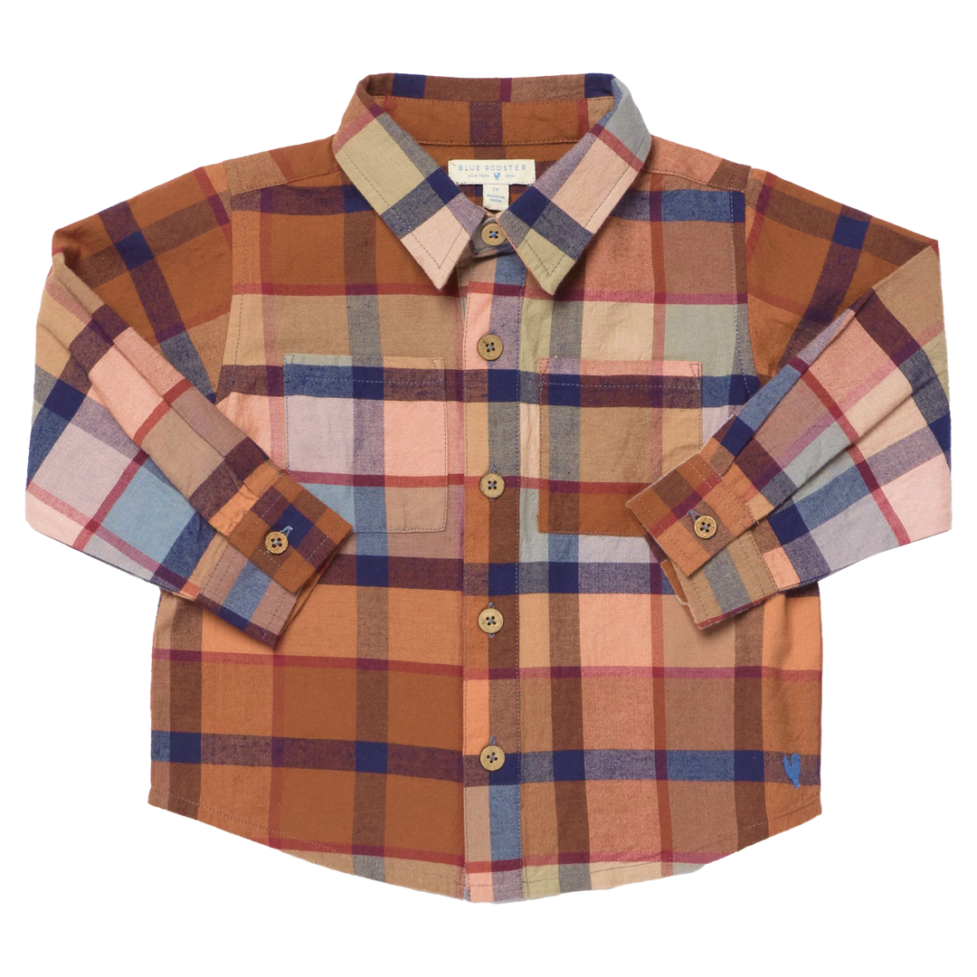 rust color collared button down shirt. 