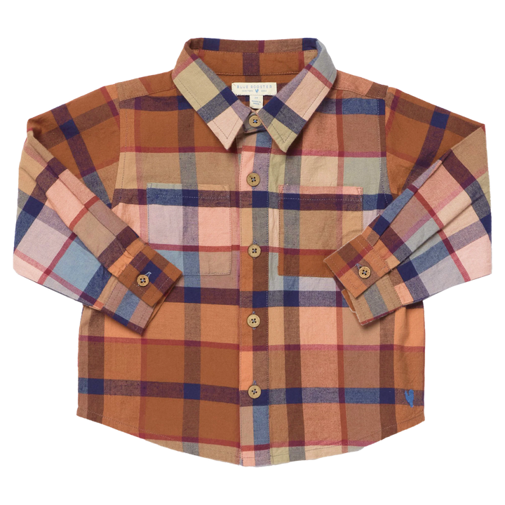rust color collared button down shirt. 