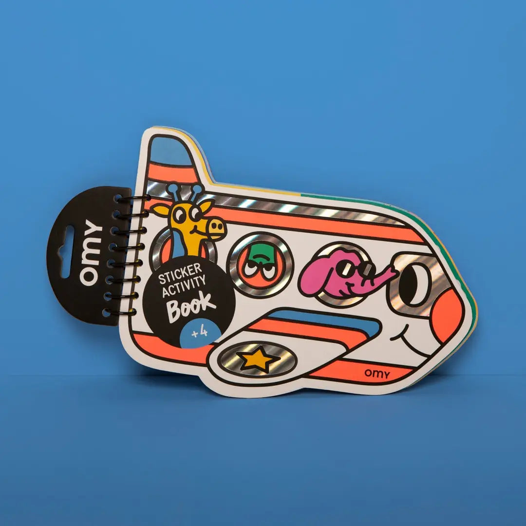 sticker book shaped like an airplane happy and with animals as passengers. 