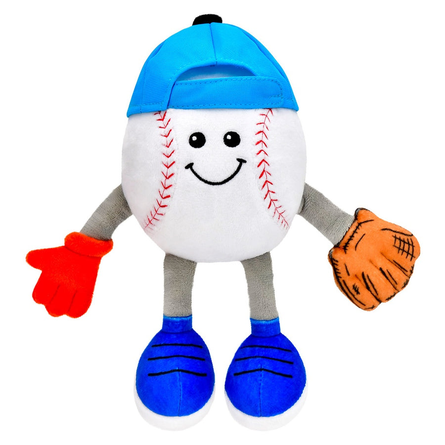 Toy baseball with a face, blue cap, orange mitt, and red gloves on a white background