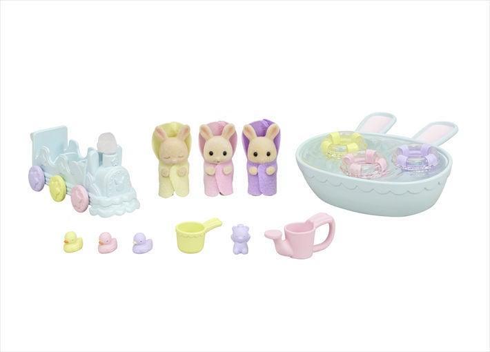 bunny bath time playset. Three bunnies a bath tub and a train for them to play in 
