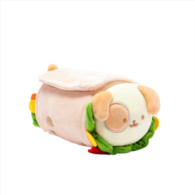 Mini squishy puppy plush dressed as a burrito. burrito outfit is detachable. 