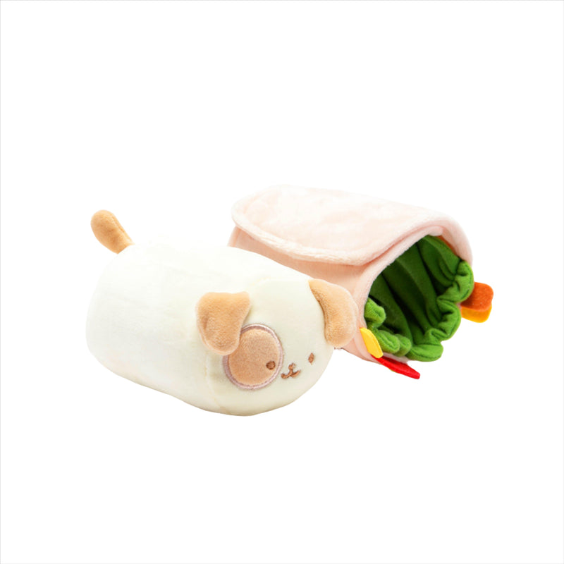 mini squish plush puppy dressed as a burrito. Burrito outfit is detachable, this picture shows them detached. 