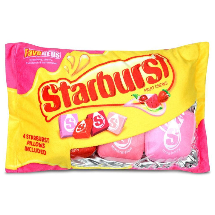 plush pillow with removable candies, theme is starburst candy in the pink and red color/flavors