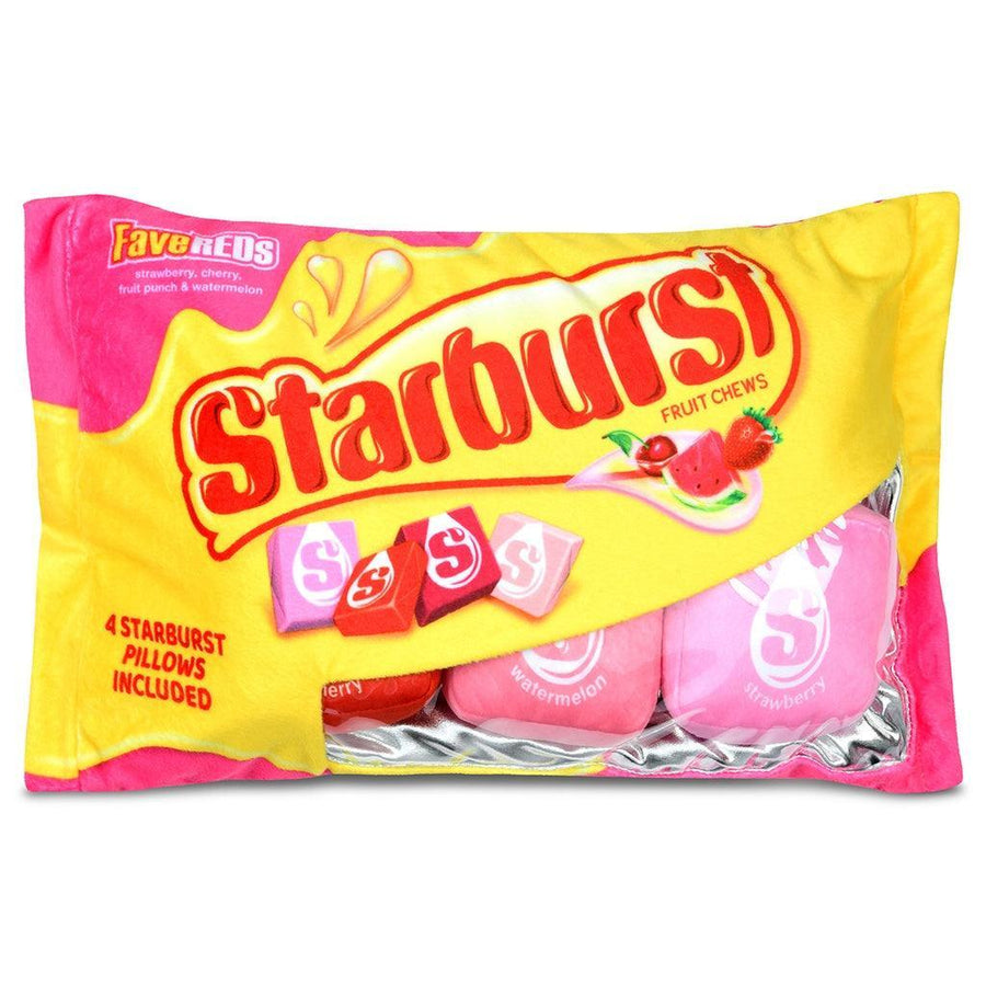 plush pillow with removable candies, theme is starburst candy in the pink and red color/flavors