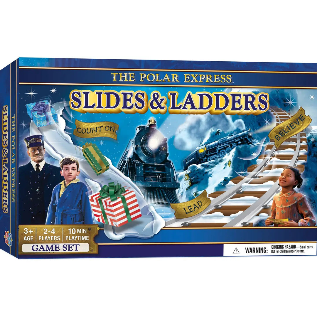 The Polar Express Slides & Ladders game set box, featuring a blue and white design with illustrations of a train, snowy tracks, and children dressed as a conductor and passenger.