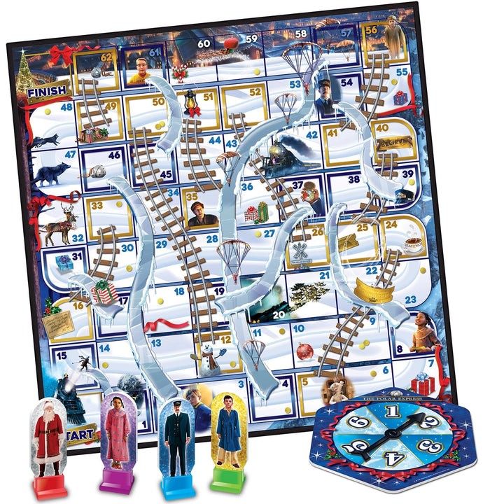 Board game with track layout, figures, and a clock on a white background