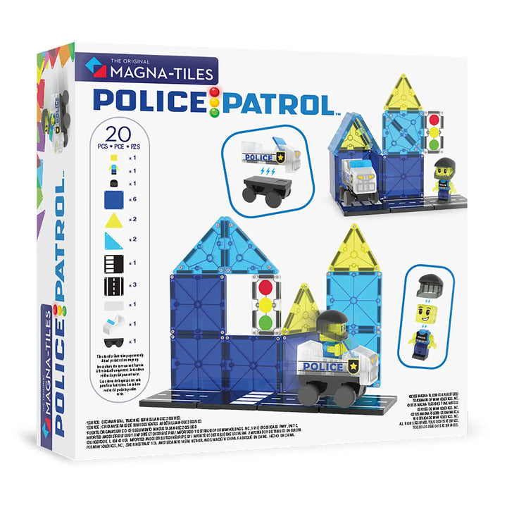 Magna-Tiles Police Patrol set packaging with toy blocks and figures on a white background