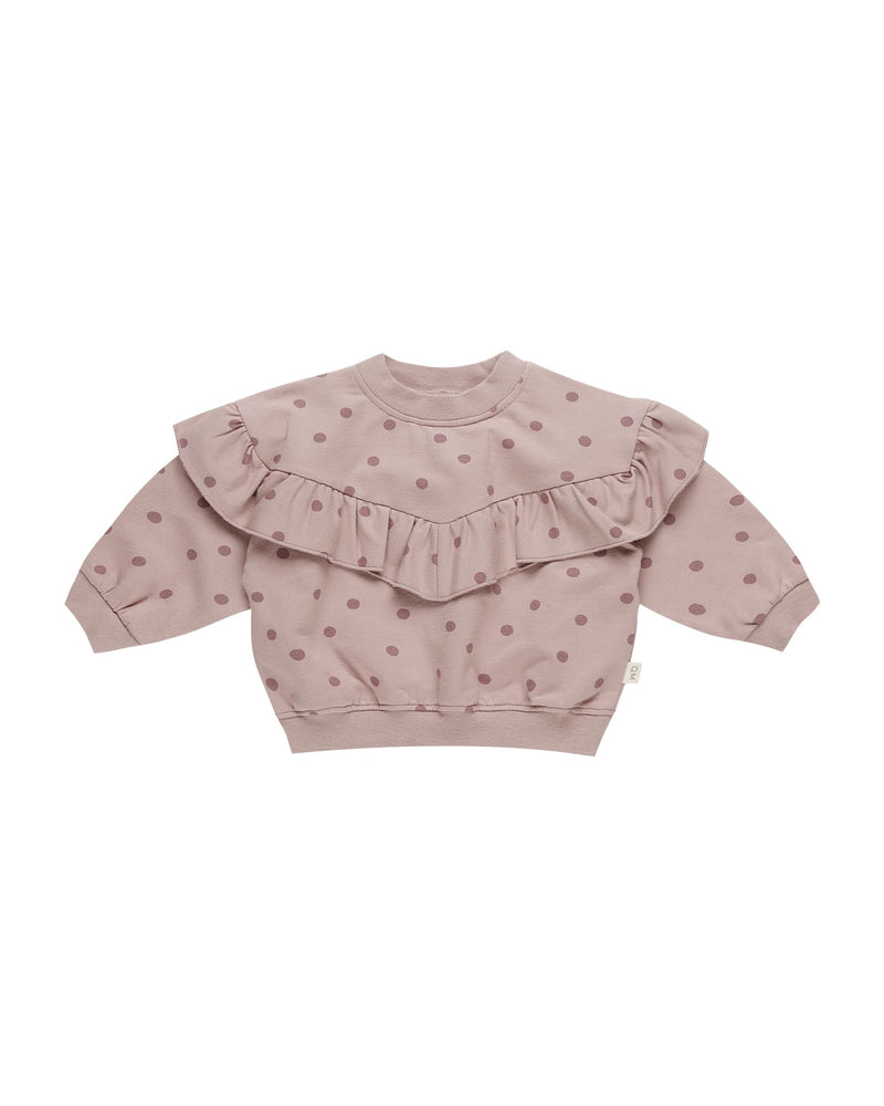 baby sweatshirt with big ruffle across the chest. lavender gray color. darker color purple polka dots all over