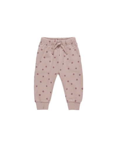 joggers with drawstring waist. lavender gray color with purple polka dots all over. 