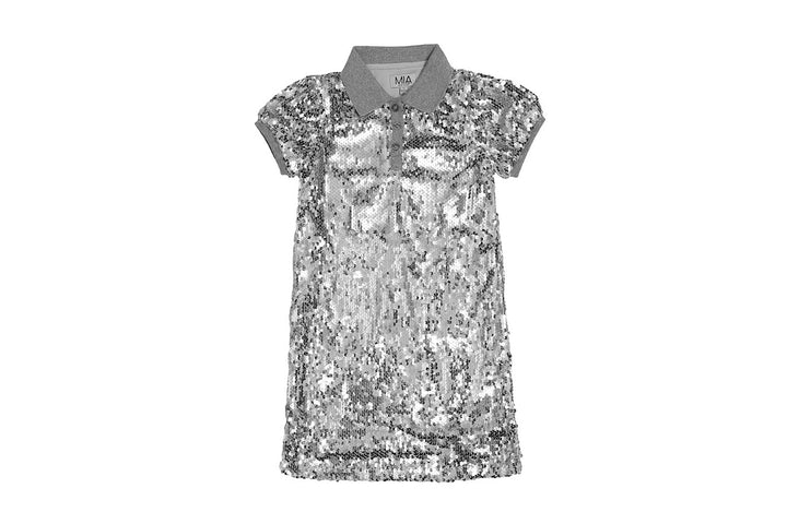 Silver sequin dress with a collar on a white background