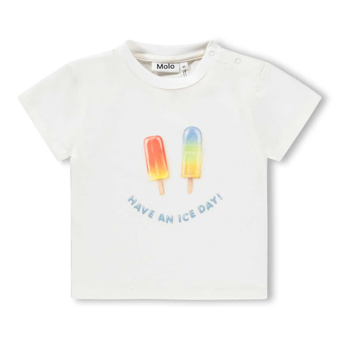 White t-shirt with rainbow popsicles and 'Have an Ice Day!' text on a white background