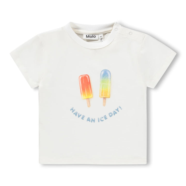 White t-shirt with rainbow popsicles and 'Have an Ice Day!' text on a white background