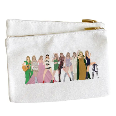 canvas pouch with zipper closure and all the different Taylor Swift outfits from all the different eras. 