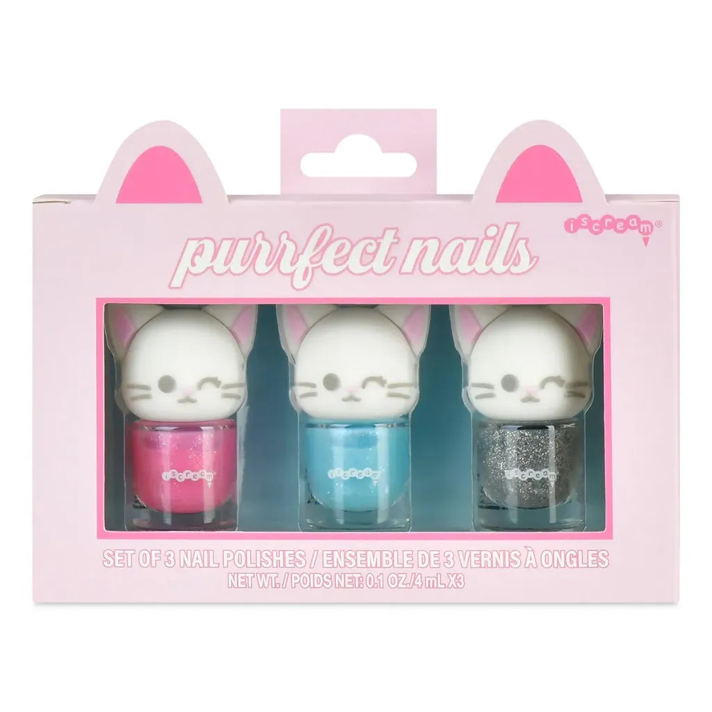 Purrfect Nails 'I Scream' set of three nail polishes in a pink cat-themed box with cat ears and a cat face window.