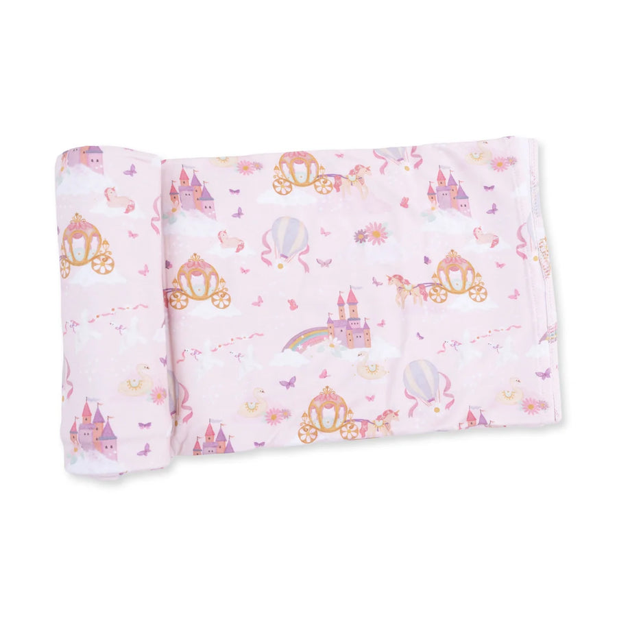 Baby swaddle with princess-themed design on a white background