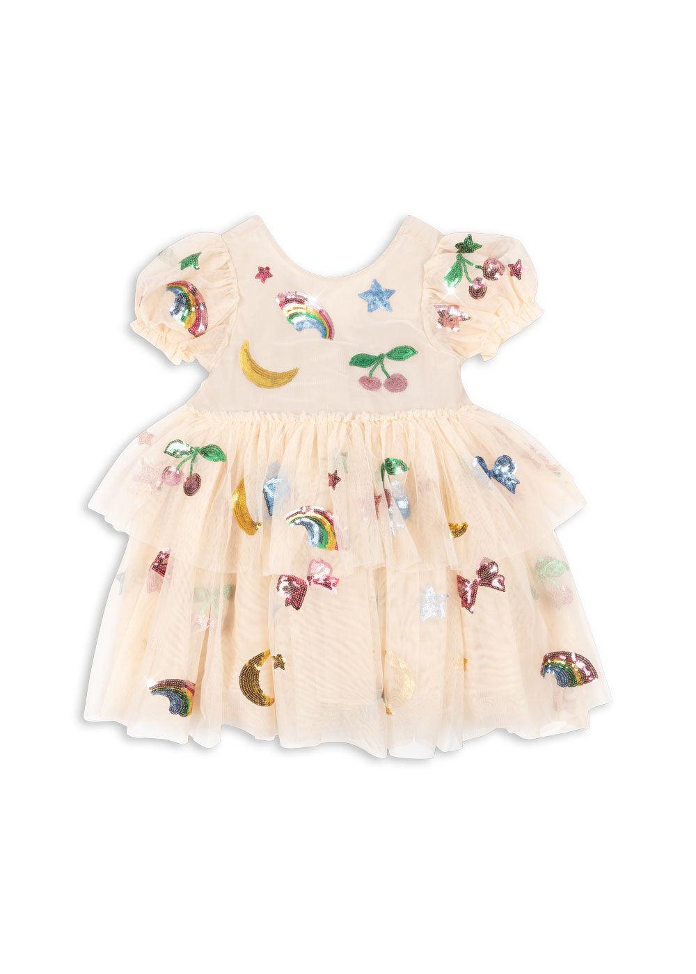 tulle dress with puff cap sleeves beige in color with sequin appliques: rainbows, stars, moon, cherries, and stars aequin appliques