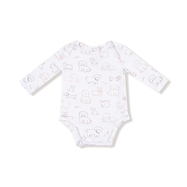 White baby onesie with animal dog pattern on a white background