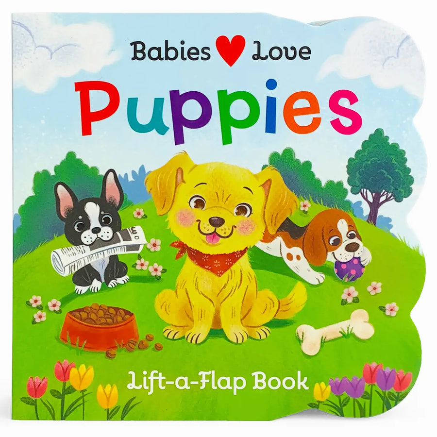 Children's book cover titled 'Babies Love Puppies' with cartoon dogs on a green field.