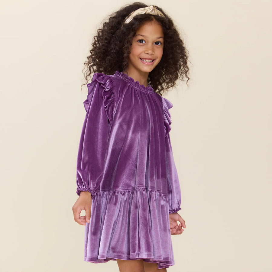 little girl wearing purple velvet dress with ruffle at the bottom of the dress. 