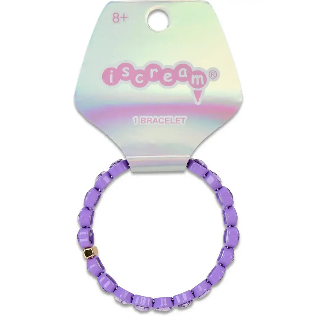 Purple beaded bracelet on a 'iscream' branded card with a white background