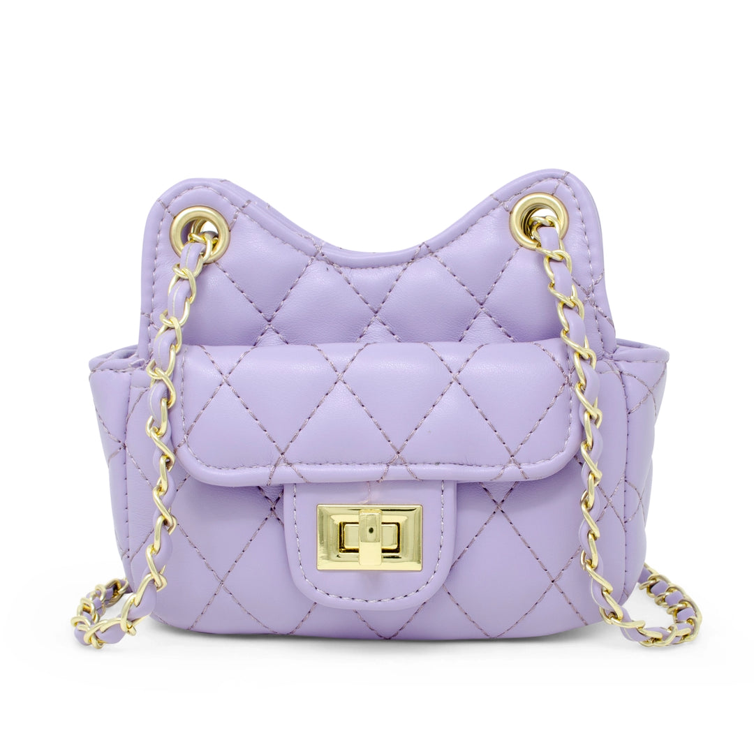A light purple quilted faux leather handbag with gold-tone hardware, featuring a cat-ear shaped top and a gold chain strap, shown on a plain white background.