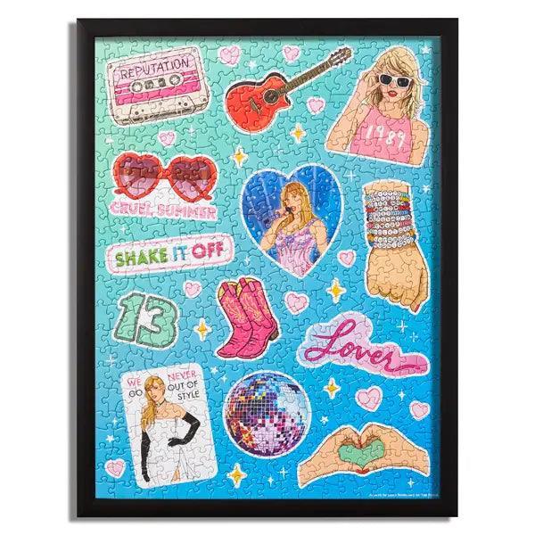 Taylor swift Collage theme puzzle. pictures of her face, cowboy boots, guitar and other items Taylor Swift related. 