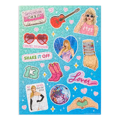 This picture shows a close up of the puzzle that is Taylor Swift themed with all of the items that are Taylor Swift related. 