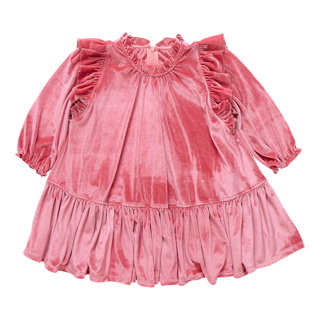 Pink velvet dress with ruffled sleeves on a white background