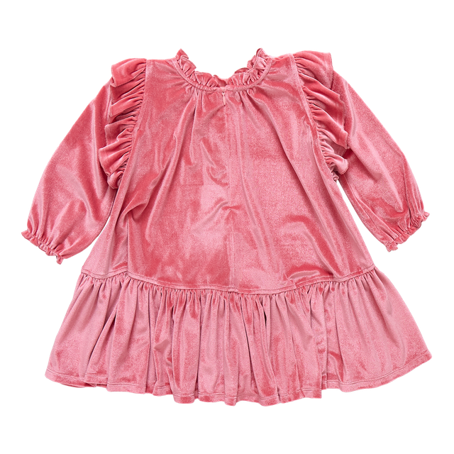 Pink velvet dress with ruffled sleeves on a white background