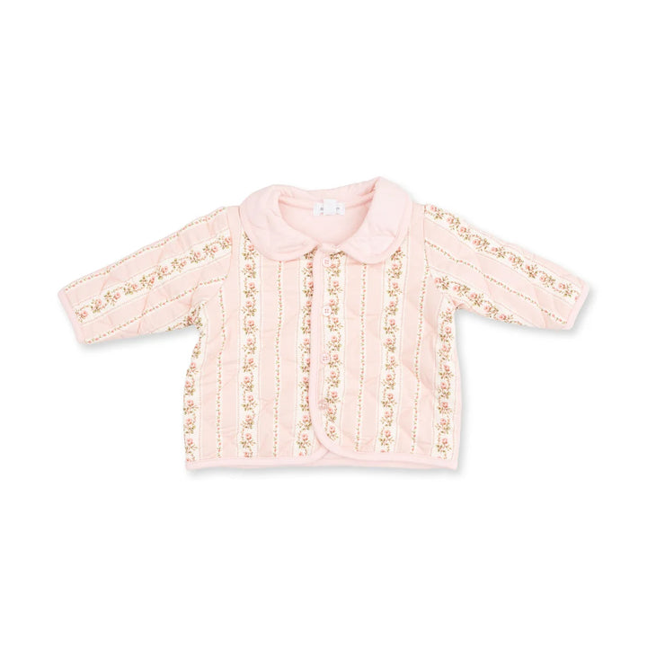 A light pink baby jacket with long sleeves, a Peter Pan collar, and vertical embroidered stripes on the front and cuffs, shown on a plain white background.